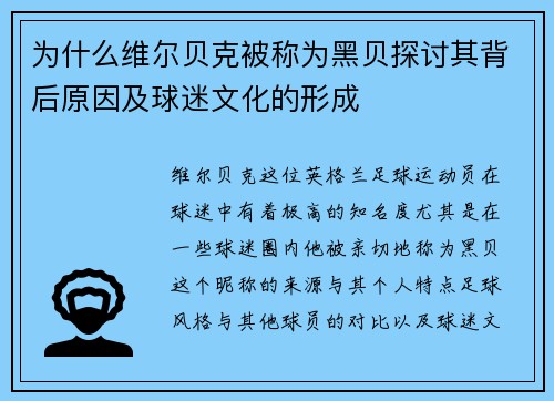 为什么维尔贝克被称为黑贝探讨其背后原因及球迷文化的形成 为什么维尔贝克被称为黑贝探讨其背后原因及球迷文化的形成