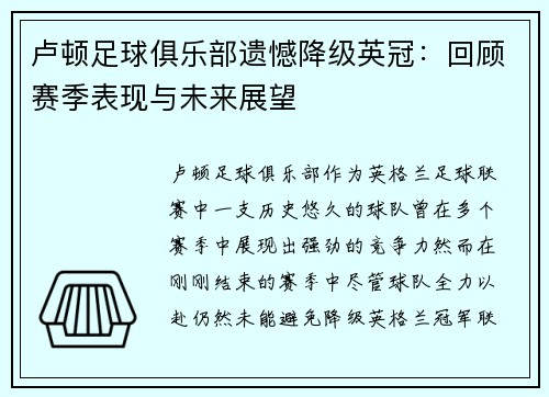 卢顿足球俱乐部遗憾降级英冠：回顾赛季表现与未来展望