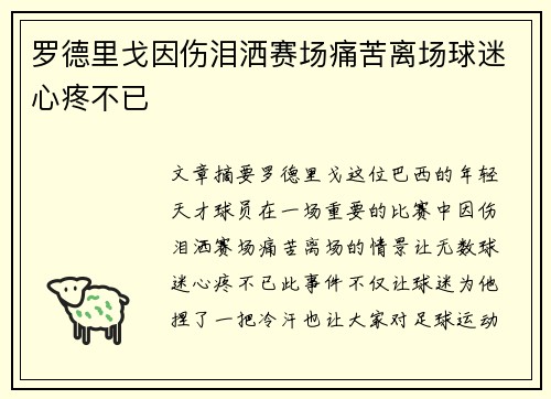 罗德里戈因伤泪洒赛场痛苦离场球迷心疼不已